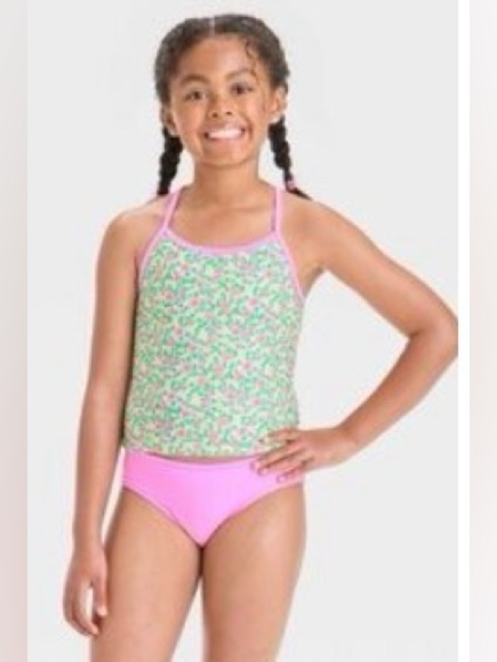 NWT Cat & Jack  Pink & Green Girls' Floral Washy Ditsy Tankini Set -Sz L (10/12)
